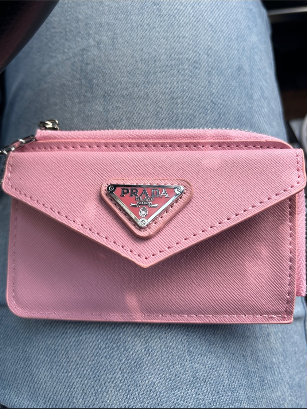 Prada Pink Saffiano Leather Card Case Keychain Wallet